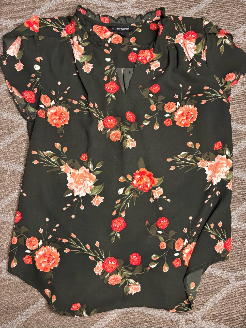41 Hawthorn Olive & Black Floral Keyhole Blouse with Coral Blooms